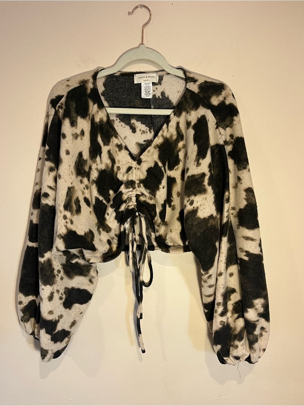 Saints and Hearts Black & White Cow Tie-Front V-Neck Cropped Top/Sweater size S